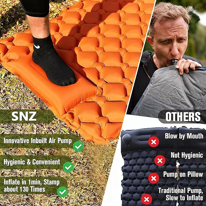 SNZ Camping Sleeping Pad Ultralight Camping Mat with Pillow Built-in Foot Pump Inflatable Sleeping Pads Compact for Backpacking Tent Travel Outdoor Activities (Single)