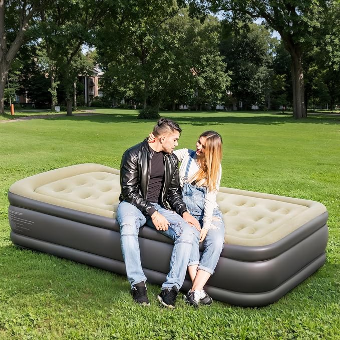LET'S CAMP Air Mattress Camping Airbed with Electric Pump 19 Twin Inflatable 2 Minutes Quick Self-Inflation Waterproof PVC Fabric Portable for CampingTravel Home Sleeping Outdoor Guests RV