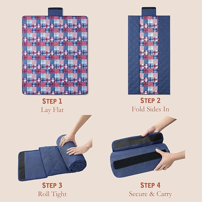 Weatherproof Vintage Waterproof Outdoor Blanket- Blue and Red Roll Up Throw Blanket with Handle Velcro Closure - Camping Supplies Travel Blanket for Beach Picnic &amp Events 60x72 (Madras)