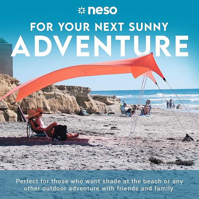Neso Gigante Portable Beach Tent Sun Shelter - Lightweight Beach Shade Canopy - Easy Setup for Family Outings - Patented Reinforced Corners - UPF 50+ Sun Protection - 8ft Tall 11 x 11ft - Coral