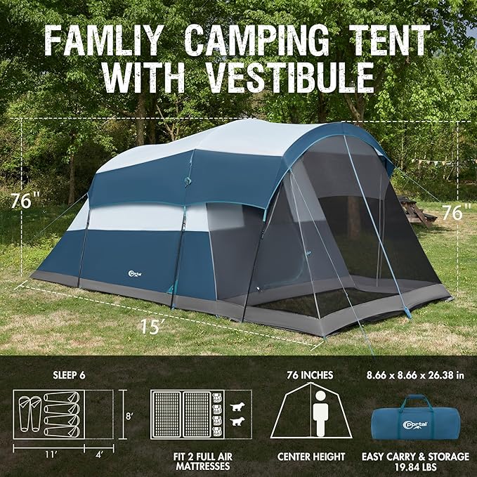 PORTAL 6/8/10 Person Family Camping Tent with Screen Room Water Resistant Big Tunnel Tents with Rainfly Large Family Tent for Camping Outdoor Patio