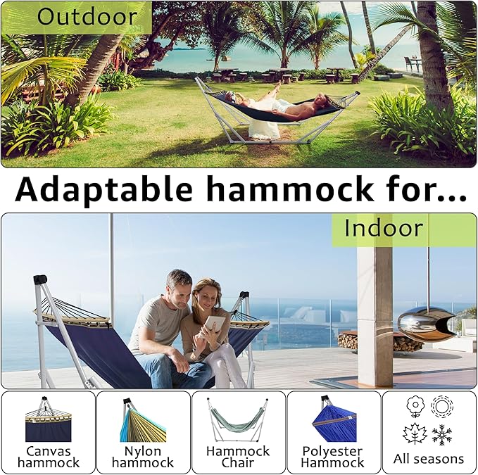 Tranquillo Ultimate Relaxation Portable Hammock Stand Foldable Hammock Stand with Canvas Hammock Spreader Bar Quick Fold Unfold in 30 Seconds Steel Frame Hammock 600 lbs Capacity White/Navy