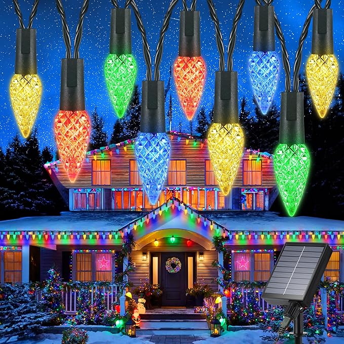 iBaycon Solar C6 Christmas Lights Outdoor 48FT 100LED C6 Strawberry String Light 8 Modes Solar Powered Lights String for Xmas Tree House Eaves Roof Christmas Holiday Decorations