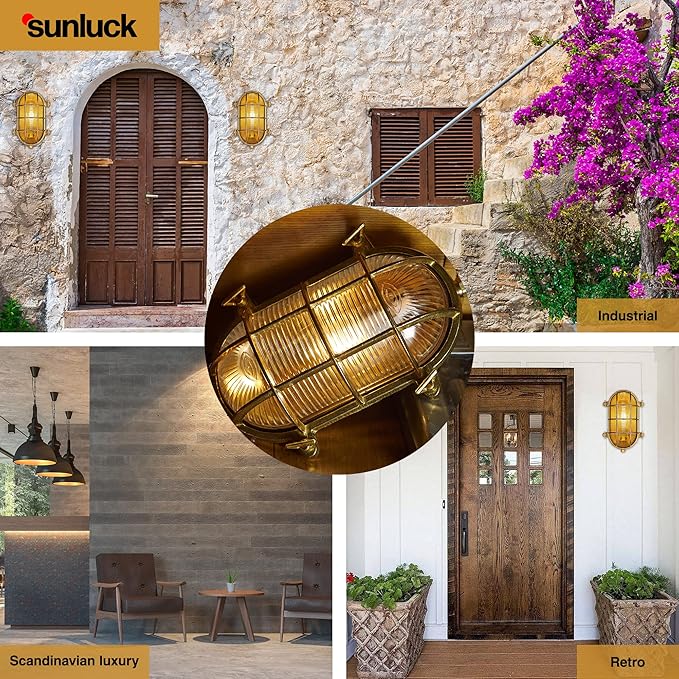 Sunluck Brass Bulkhead LightGrid Oval Nautical Wall LightLampshadeCeiling Mount LightingSauna Light Waterproof IP65Rust Resistantfor Wet Location BathSeasideShipBasementGarage
