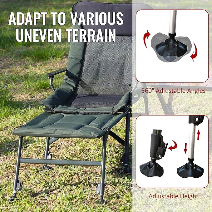 Camping Lounge Chair with Detachable Footrest Portable Folding Reclining Camping Chair with Adjustable backrest for Indoor and Outdoor Camping Beach Hiking Fishing Green+Black