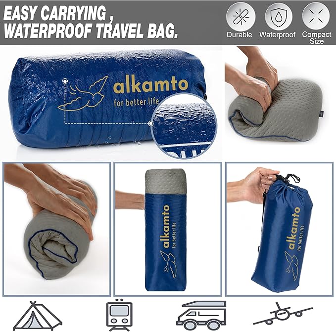 alkamto Travel &amp Camping Comfortable Memory Foam Pillow – Easy to Carry Portable Bag – Temperature Regulating Pillow Case (Grey)