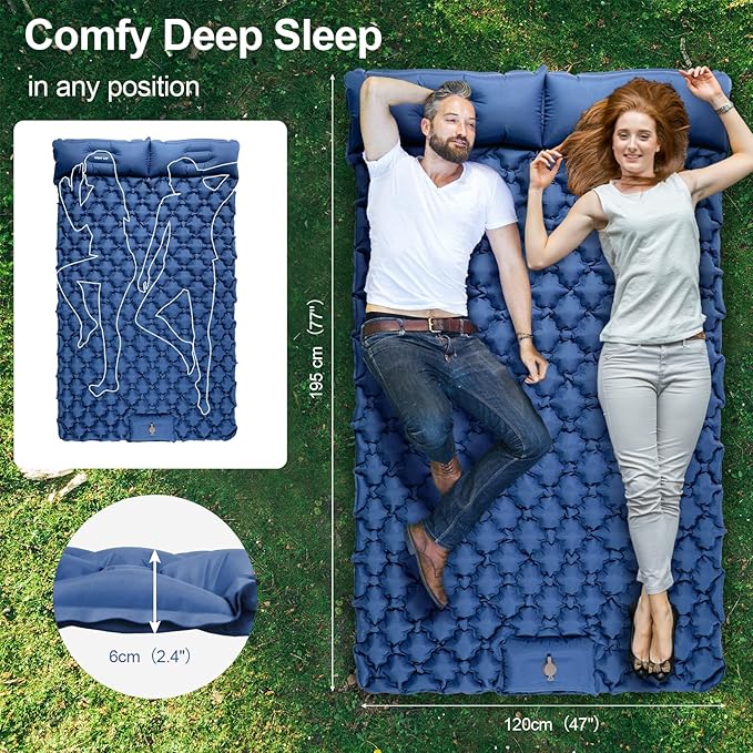 Night Cat Inflatable Double Sleeping Pad Mat Bed with Foot Pump and Double Pillow for Camping Backpacking Hiking Ultra-Light Compact Comfortable 77x 47