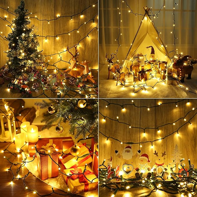 ODEETRONIC Warm White Christmas Lights 33ft 100LED Gentle Twinkle Christmas Tree Lights Wide Angle 5mm String Light Connectable UL Certified Mini Xmas Light for Indoor Outdoor Party Green Wire