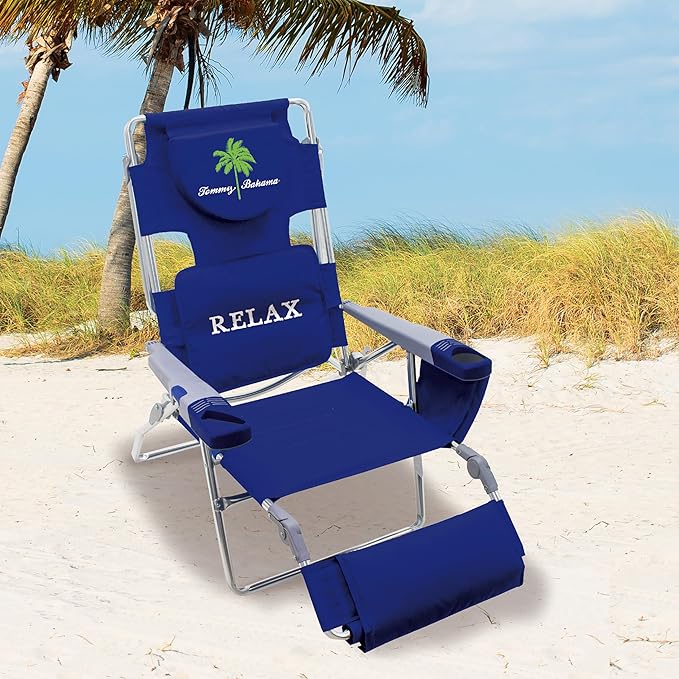 Tommy Bahama 4-Position Face-Opening Read Through Lounger with Ottoman Portable Folding Beach Chair Navy