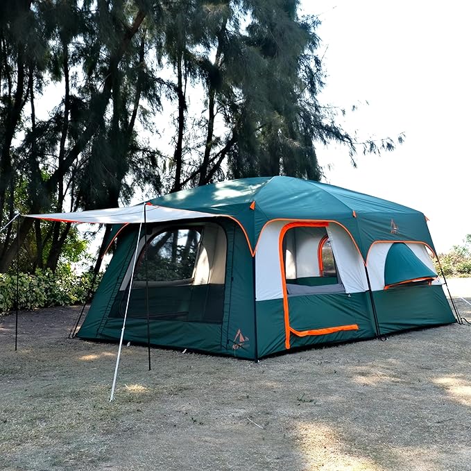 KTT Extra Large Tent 10-12-14 Person(B)Family Cabin Tents2 Rooms3 Doors and 3 Windows with MeshStraight WallWaterproofDouble LayerBig Tent for OutdoorPicnicCampingFamily Gathering