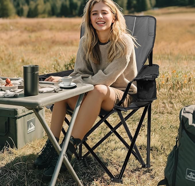 Oversized Padded Camping Chair Heavy Duty Steel Frame 450 lb Capacity Folding Camp Chair with 6-Can Cooler Carry Bag for Outdoor Camping Beach Hiking(Gray &amp Black)