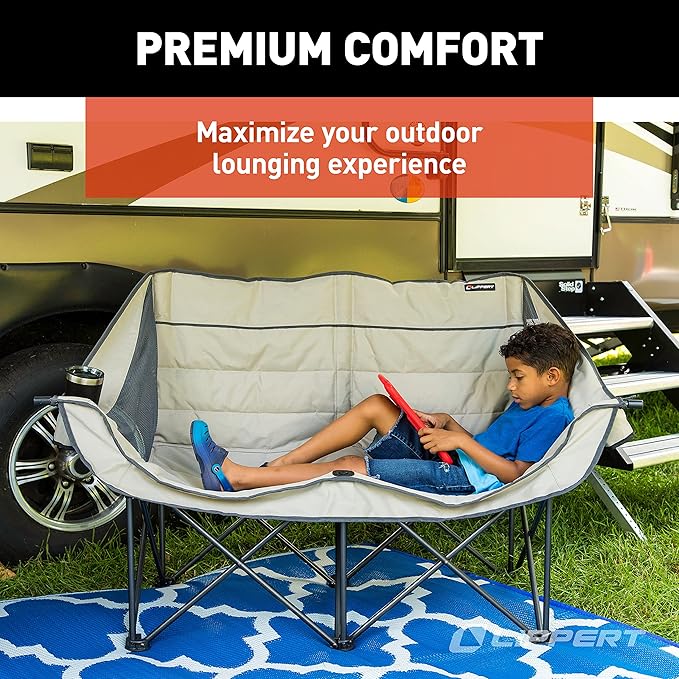 Lippert Campfire Folding Loveseat with 500-lb. Weight Capacity Carry Bag Durable Mesh Fabrics High-Loft Cushioning Storage Pocket Dual Cupholders Stemmed Wine Glass Holder (Sand) - 2021000205
