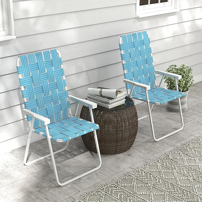 Set of 2 Patio Folding Chairs Classic Outdoor Camping Chairs Portable Lawn Chairs for Camping Garden Pool Beach Backyard w Armrests Blue