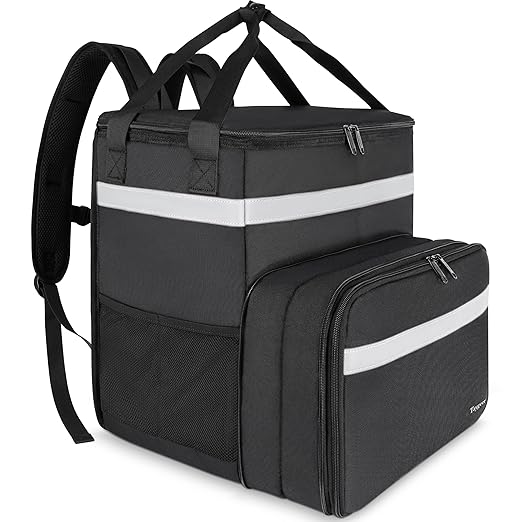 Taygeer Food Delivery Backpack Expandable Insulated Food Delivery Bag for Grocery Bike Large Leakproof Waterproof Hot Pizza Bags with 4 Mesh Pockets Reflective Strip for Uber Eat Doordash Black