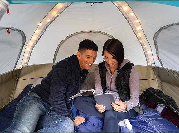 Coleman OneSource Rechargeable 4/6 Person Camping Tent with Airflow System &amp LED Lighting Includes Rainfly Tent Fan Lights and Interchangeable Battery Pack Easy Setup Tent for Camping
