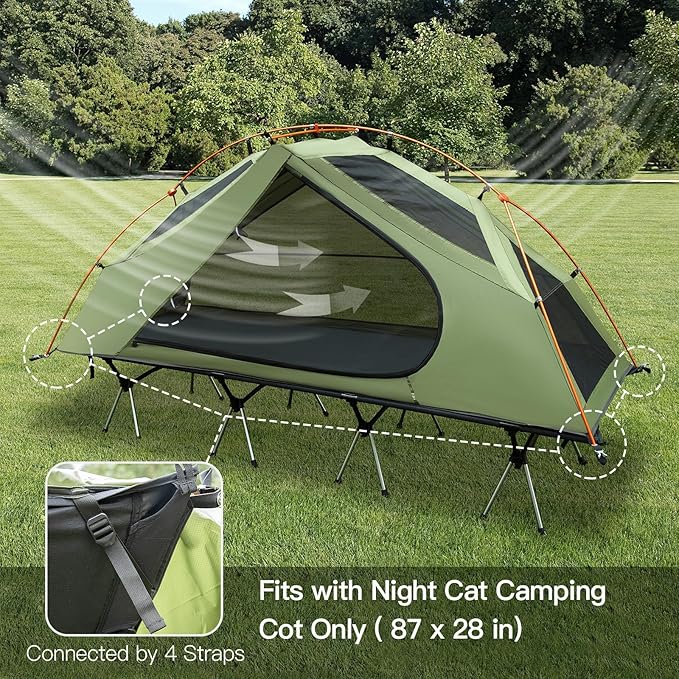 Night Cat Camping Cot Tent with Self-Inflating Sleeping Pad and Camping Sleeping Bag Waterproof 1-Person Off-Ground Combo Cot Bed for Adults Portable Easy Set-up Tent