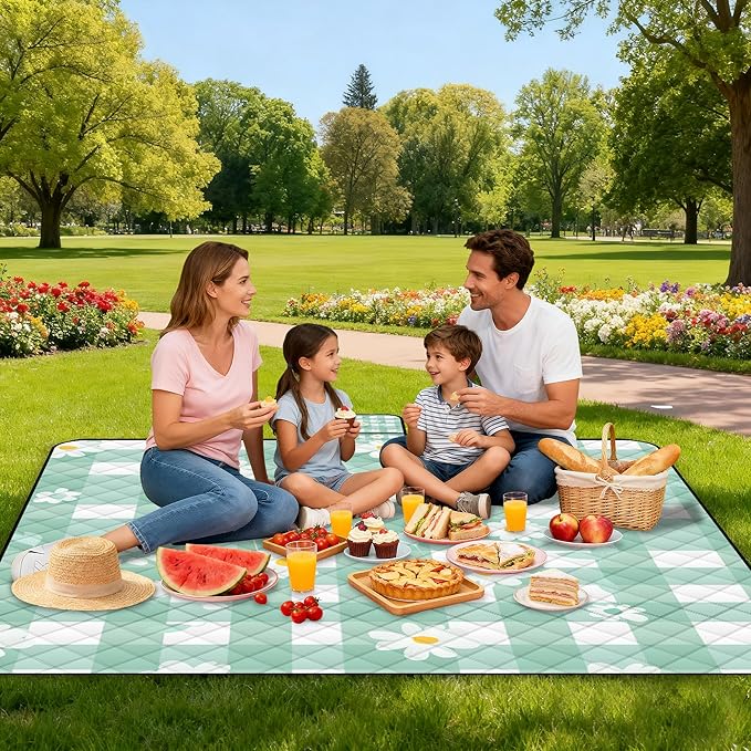 Extra Large Picnic Blanket Waterproof80x 80Foldable Machine Washable Beach BlanketOutdoor Blanket for 6-8 AdultsSuitable for Indoor CrawlingPark BeachCampingHikingFamily Travel(Light green)