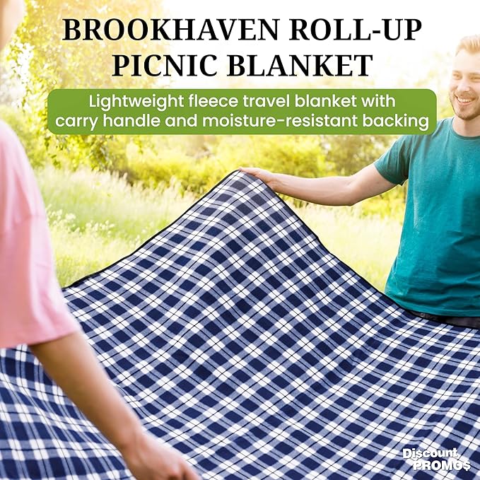 DISCOUNT PROMOS 6 Brookhaven Roll Up Picnic Blankets Set - Fleece Woven Handle - Navy Blue