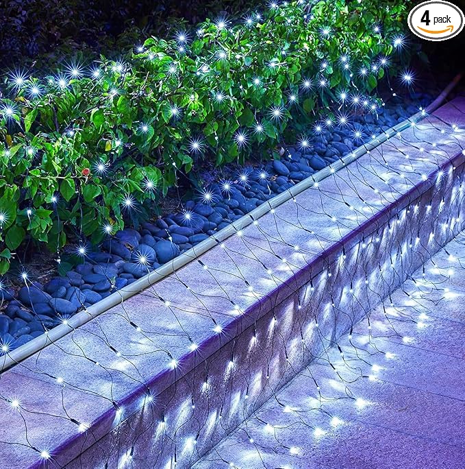 4 Pack 12 x 5FT 360 LED Christmas Net Lights Outdoor for bushes Waterproof IP65 12 Modes Connectable Extendable Bush Net Christmas Lights Outdoor Mesh Light for Bushes Tree Yard Garden White
