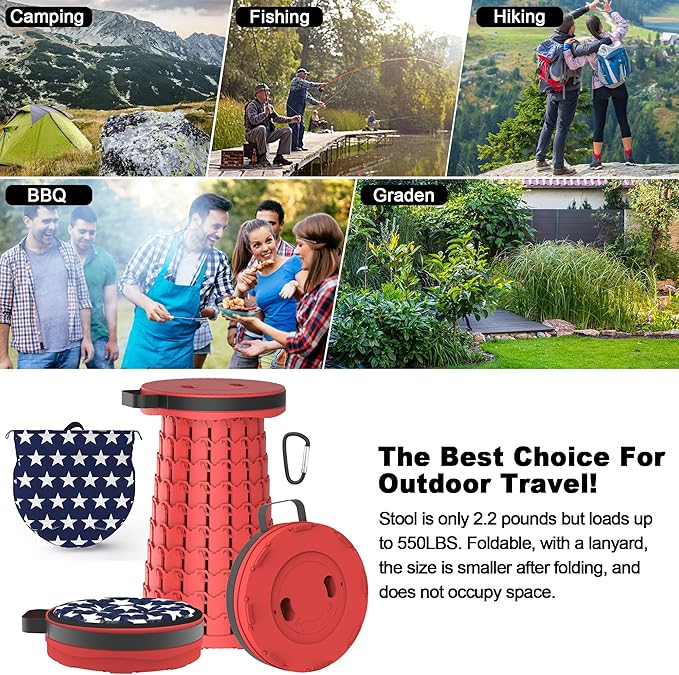 ALEVMOOM Upgraded Retractable Folding Stool Camping Stool Collapsible Telescoping Stool for Adults Lightweight Yet More Sturdy Folding Seats for Camping Fishing Hiking Outdoor (red)