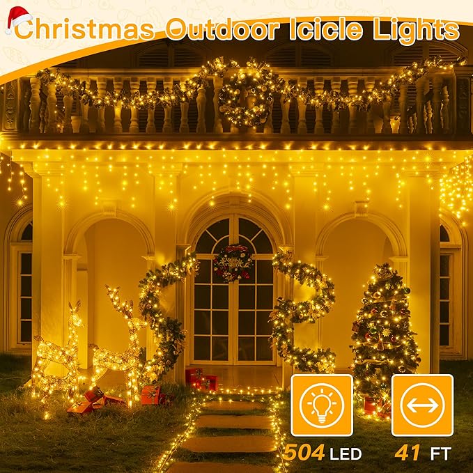 Ollny Icicle Lights for Outside 504LED 41FT Warm White Christmas Light with Remote 8Modes Timers Waterproof Plug in Connectable Hanging Lights for Outdoor Indoor House Roof Holiday