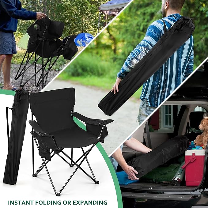 HaSteeL 2 Pack Camping Chair Large Folding Beach Chairs with Cooler Bag Cup Holder &amp Storage Pocket Portable for Outdoor Patio Picnic Lawn Hiking Fishing Travel Support 275 LBS (Black)