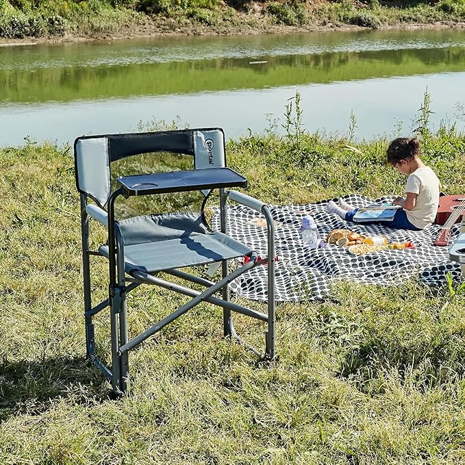 Portal Folding Director Chair with 2-Way Rotating Side Table Heavy Duty 300 lb Camping Chair with Swivel Tray &amp Cup Holder Ergonomic Mesh Back Portable Outdoor Seat for RV Tailgating &amp Lawn