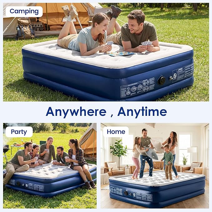 Lamberia Air Mattress with Built in 2 Purpose Pump 18 Raised 660lbs Max Comfort Inflatable Mattress Blow up Mattress Portable Air Bed for Camping Guests Home Colchon(Blue GreyQueen)