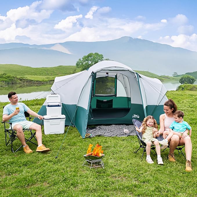 8/10/11 Person Camping Tent with Porch Large Family Tents for Camping PU1000MM Waterproof Tent with 5 Mesh Windows Removable Rainfly Reflective Windproof Rope Big Dome Tent Fits 3 Queen Airbeds