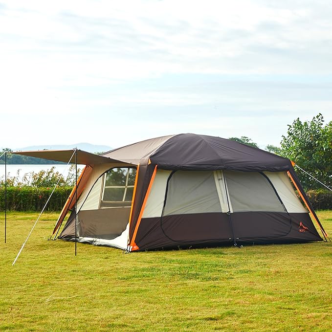 KTT Extra Large Tent 12 PersonFamily Cabin TentsAwning2 Rooms4 Doors and 4 Windows with MeshStraight WallWaterproofDouble LayerBig Tent for OutdoorPicnicCampingFamily Gathering