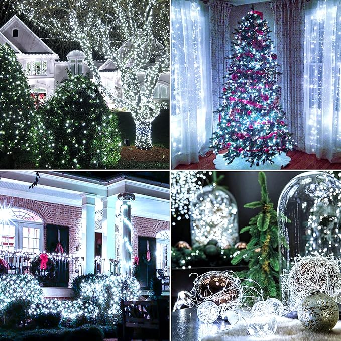 Extra-long 288FT 800 LED Solar Fairy String Lights 4-Pack 72FT 200 LED Outdoor Twinkle Lights Waterproof 8 Lighting Modes Cool White Silver Wire Lights for Deck Backyard Tree Garden Fence Pool Party