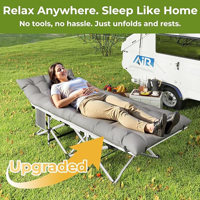 Camping Cots for Adults - Heavy Duty Folding Sleeping Cots with Carry Bag Double Layer Oxford Portable Travel Cots for Outdoor Camp Beach Home &amp Office (Silver Frame &amp Gray Pad 1PACK)