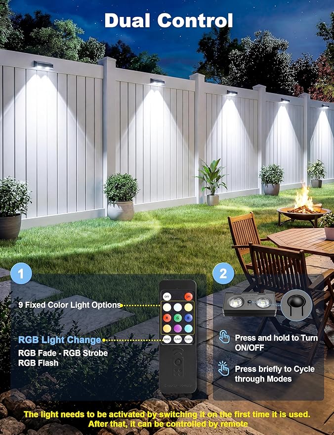 Solar Fence Lights with Remote Warm White Cool White and RGB Color Glow LED Outdoor Wall Lights IP65 Waterproof Solar Lights for Fence Backyard Railing and Deck Home Improvement 2 Pack