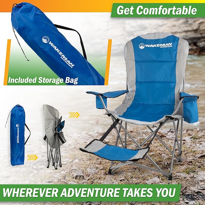 Camping Chair with Foot Rest - 300lb Capacity Beach Chair with Footrest Cupholder and Cooler Pouch - Portable Chair by Wakeman Outdoors (Blue)