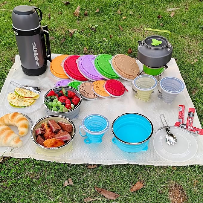 Mess Kit for Camping Silicone Collapsible Bowl Collapsible Cup and Stainless Steel Spoon for Backpacking Outdoor Hiking Traveling and Picnic - 2 Pack
