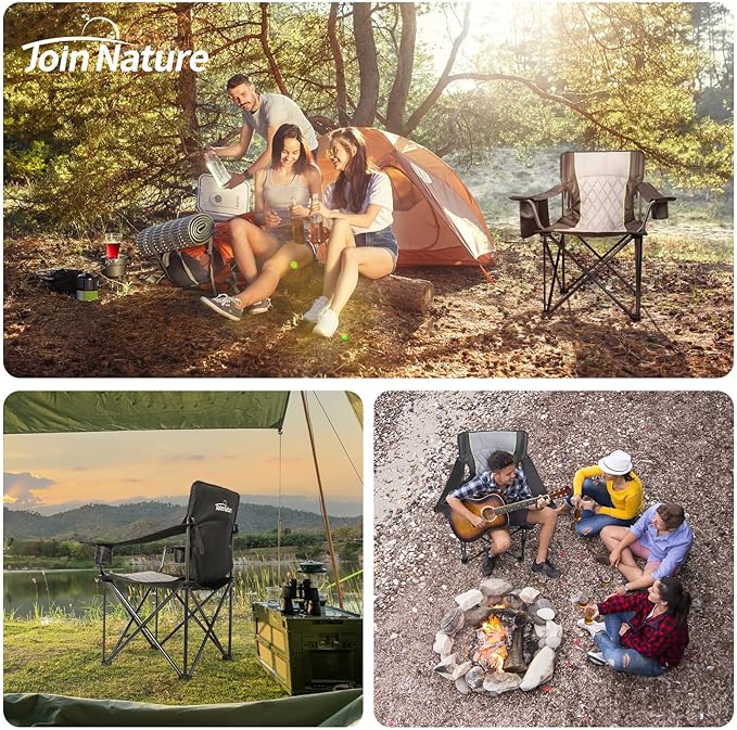 Outdoor Large Camping Chairs for Adults Heavy Duty Camp Chair Support 800lbs King Kong Folding Chairs with Padded and Pocket for Outside Sports Lawn Built Durable and Reliable Black