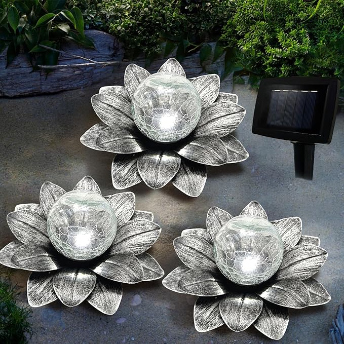 LEWIS&ampWAYNE Solar Garden Lights Outdoor 3 Pcs Silver Gray Lotus Flower Pathway Lamps with Cool White Crackle Glass Globe Led Lights for Patio Pathway Yard Balcony Garden Decorations