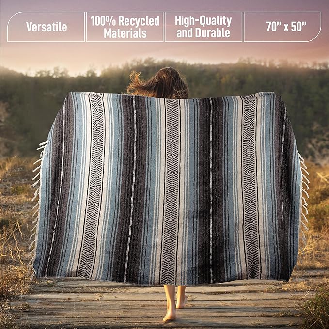 Hydration Nation Authentic Large Handwoven Mexican Blanket - Soft Yoga- Durable Serape- Lightweight Falsa Beach Camping Picnic Outdoor Blanket 70x50 - Aqua Sky
