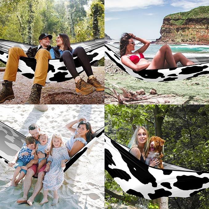 Outdoor Camping Hammock Cow Print Pattern Double Single Hammocks with 2 Tree Straps Lightweight Portable Heavy Duty Nylon Hammocks for Backpacking Travel Beach Backyard Patio Hiking