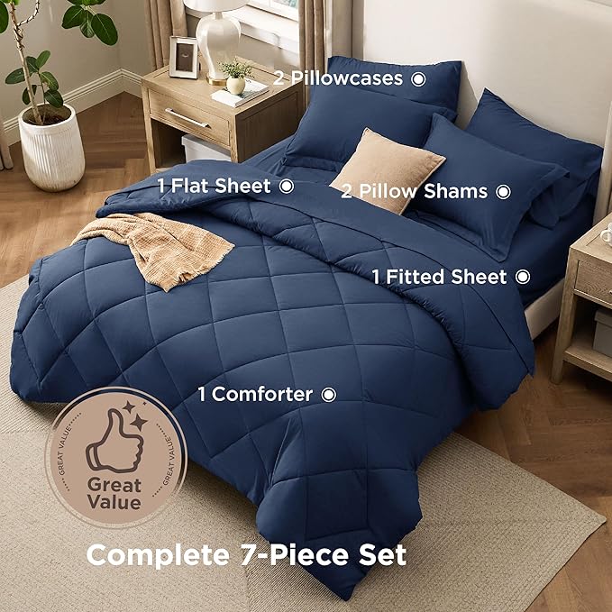 Bedsure 7 Pieces Queen Comforter Set Premium Series Hotel Luxury Soft Bed in a Bag Goose Down Alternative Safe for Sensitive Skin Bedding Comforter All Season Medium Warmth Navy Blue Queen Size