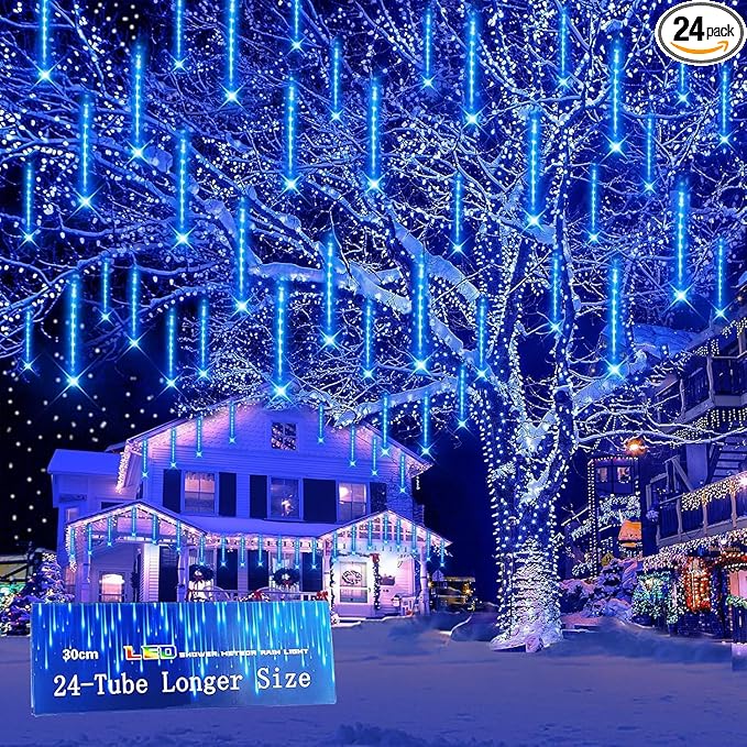 Kwaiffeo Outdoor Christmas Decorations 24 Tubes(Equivalent to 3 Sets of 8-Tubes) LED Meteor Shower Lights for Xmas Halloween Decor Yard Lawn Outside Party Outdoor Lighted Christmas-Themed Ornaments