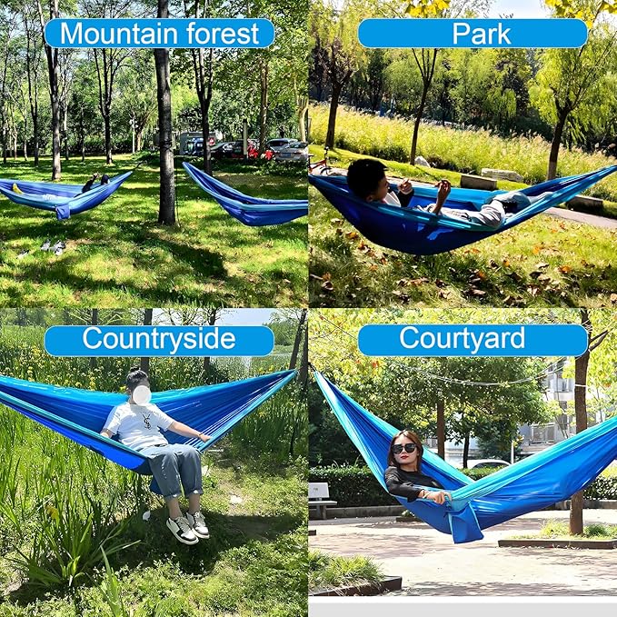 Camping HammockLightweight Nylon Parachute Hammock with Tree Straps and Carry BagEssential Equipment for Outdoor AdventuresCampingHiking and Other Activities(Sky Blue Mixed with Royal Blue)
