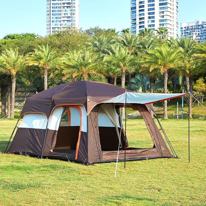 KTT Large Tent 8-10-12 PersonFamily Cabin Tents2 Rooms2 Doors and 4 Windows with MeshStraight WallWaterproofDouble LayerBig Tents for OutdoorPicnicCampingFamily Gathering