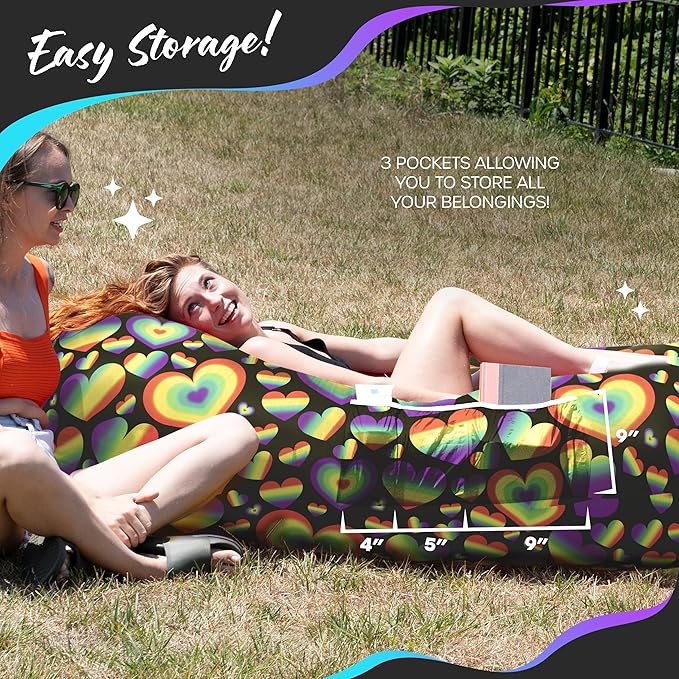 Nevlers Rainbow Heart Inflatable Lounger Air Sofa | 210T Polyester Inflatable Couch | No-Pump Air Couch | Inflatable Sofa w/ 450lbs. Cap. Pockets &amp Matching Bag | Use as Camp Chairs for Adults &a