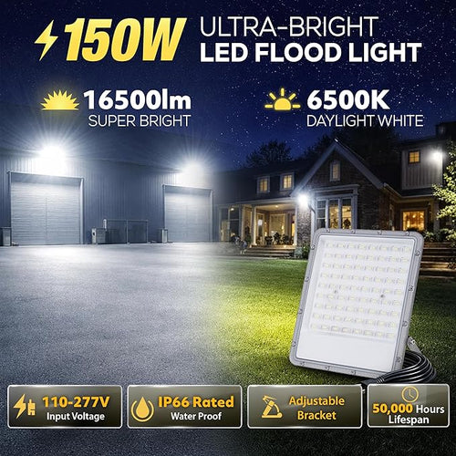 150W LED Flood Light Outdoor 110-277V Commercial &amp Residential LED Lights IP66 Waterproof 6500K Daylight White 16500LM Energy Efficient Flood Outdoor Lights Plug-in LED Flood Lights 2 Pack