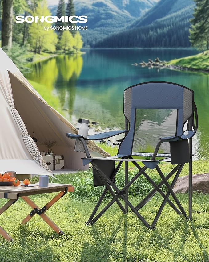 SONGMICS Camping Chair Folding Oversized Chair Comfortable and Heavy-Duty 352 lb Weight Capacity Adjustable Armrests with Cooler Bag Storage Bag Breathable Mesh Bijou Blue UGCB060Q01