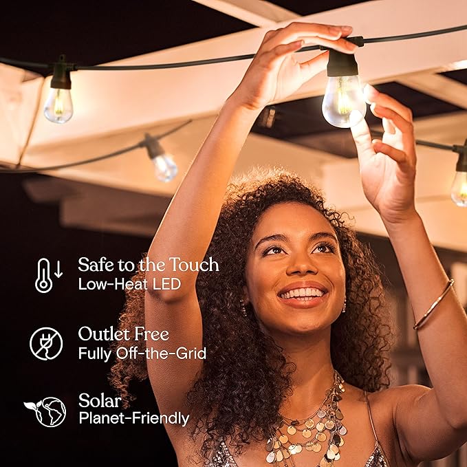 Brightech Ambience Pro Solar Powered Outdoor String Lights 48ft Remote Control Commercial Grade Waterproof Patio Lights 15 Edison Bulbs Shatterproof LED String Lights for Outside - 1W Soft White