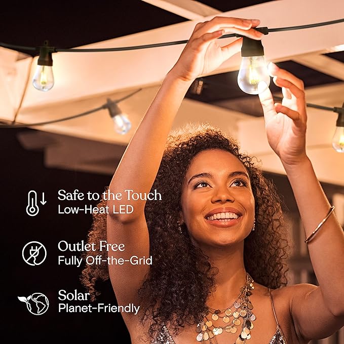 Brightech Ambience Pro Solar Powered Outdoor String Lights 27ft Remote Control Commercial Grade Waterproof Patio Lights 12 Edison Bulbs Shatterproof LED String Lights for Outside - 1W Soft White