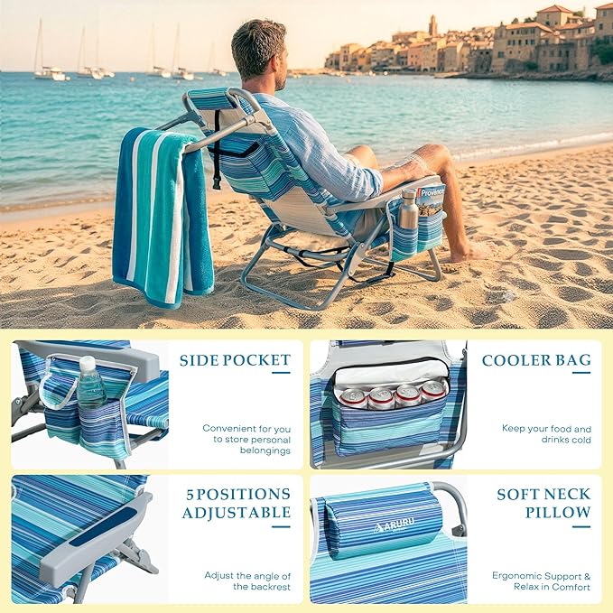 Beach Chairs for Adults Portable Folding Backpack Beach Chair Heavy Duty 5-Position Lay Flat with Cooler Bag Cup Holder for Outdoor/Lawn/Trip/Picnic/Fishing/Camping