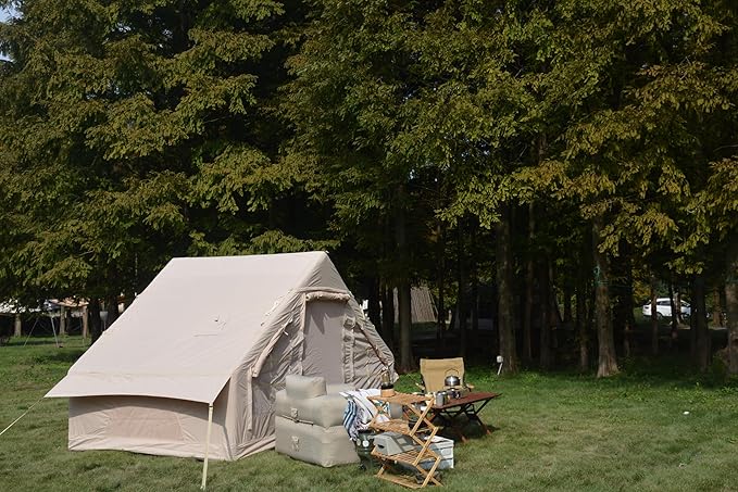 Inflatable Camping Tent Easy Setup 4 Season Glamping Tent Inflatable Structure 4-6 Persons Waterproof Windproof Outdoor Self-Supporting Blow up Tent Air Tent Portable House Beige